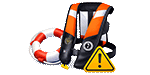 Inflatable life jacket and lifebuoy with warning sign, emphasizing boating safety essentials.