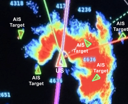 AIS-Radar Radar screen displaying AIS targets and weather patterns around a vessel, enhancing navigation safety.