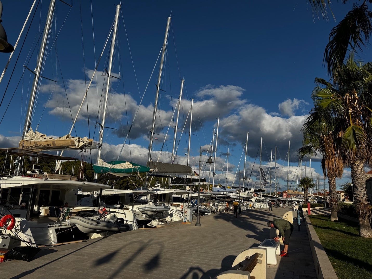 STARI GRAD Sunny marina with sailboats docked, palm trees lining the walkway, and a vibrant sky filled with fluffy clouds.