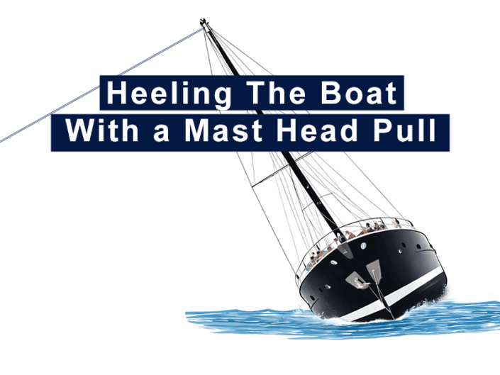 Sailing boat heels with mast head pull technique on water.