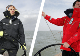 Sailors wearing Musto and Gill jackets steering sailboats on open water.