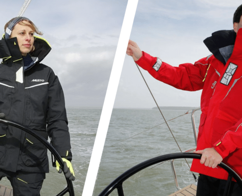 Sailors wearing Musto and Gill jackets steering sailboats on open water.