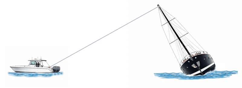 heelingOver Powerboat towing a heeling sailboat on the water, illustrating marine rescue or assistance at sea.