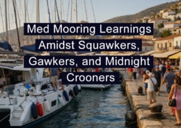 Bustling Mediterranean harbor scene with moored sailboats, tourists, and coastal charm under a sunny sky.