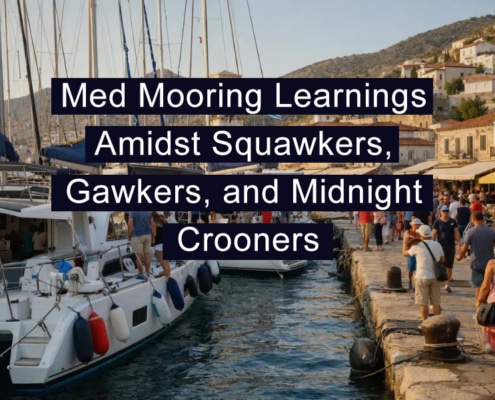 Bustling Mediterranean harbor scene with moored sailboats, tourists, and coastal charm under a sunny sky.