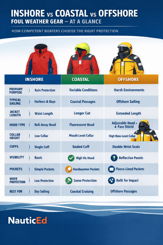 nauticed-foul-weather-gear-at-a-glance Chart comparing inshore, coastal, and offshore sailing gear features including purpose, visibility, and protection.