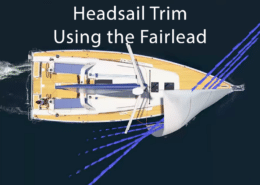 Top view of a sailboat showing headsail trim using the fairlead for optimal sailing performance.