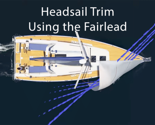 Top view of a sailboat showing headsail trim using the fairlead for optimal sailing performance.