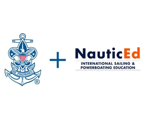NauticEd partners with emblem featuring an eagle, enhancing international sailing and powerboating education.