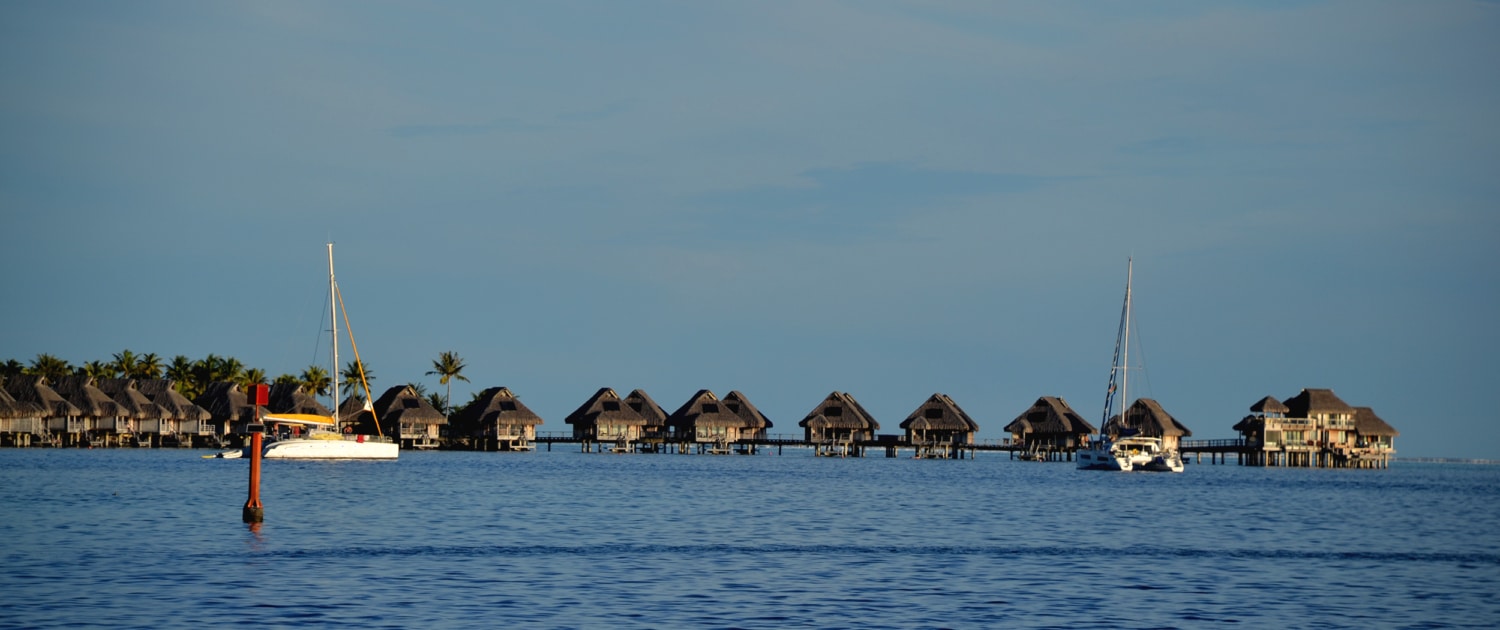 Sailboats near overwater bungalows in a tropical paradise surrounded by palm trees and clear blue water.