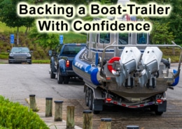 Truck expertly backs boat trailer into water at launch ramp, showcasing effective maneuvering skills for boaters.