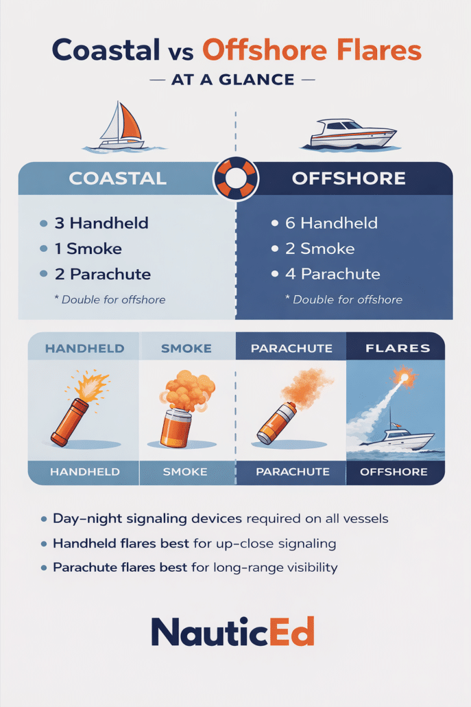 coastal-vs-offshore-flares-nauticed Comparison of coastal vs offshore flares: handheld, smoke, parachute types and usage for sailing safety.