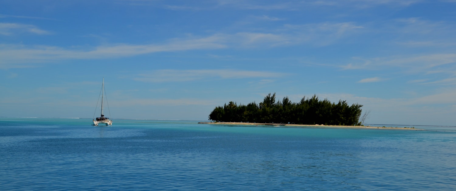 Sailboat gliding near a serene, lush island on a sunny day, surrounded by sparkling blue ocean waters.