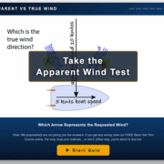 ApparentWindTestFeatured1 Diagram of a sailboat showing the apparent wind test, asking for true wind direction. Start quiz prompt below.