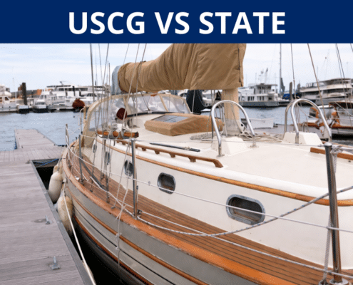 Sailboat docked at marina with text USCG VS STATE above, highlighting boating regulations.