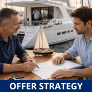 How to Negotiate When Buying a Boat Two men discuss a yacht purchase strategy at a marina, with a model sailboat on the table.