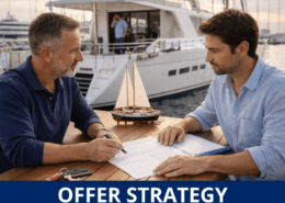Two men discuss a yacht purchase strategy at a marina, with a model sailboat on the table.