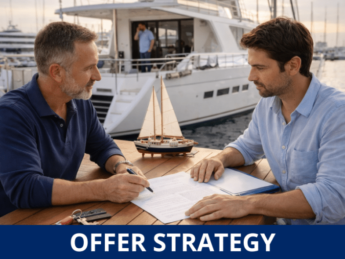 Two men discuss a yacht purchase strategy at a marina, with a model sailboat on the table.