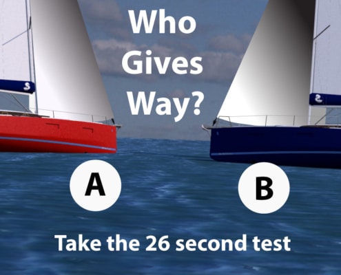 Two sailboats approaching each other on open water with text: Who Gives Way? Take the 26-second test.
