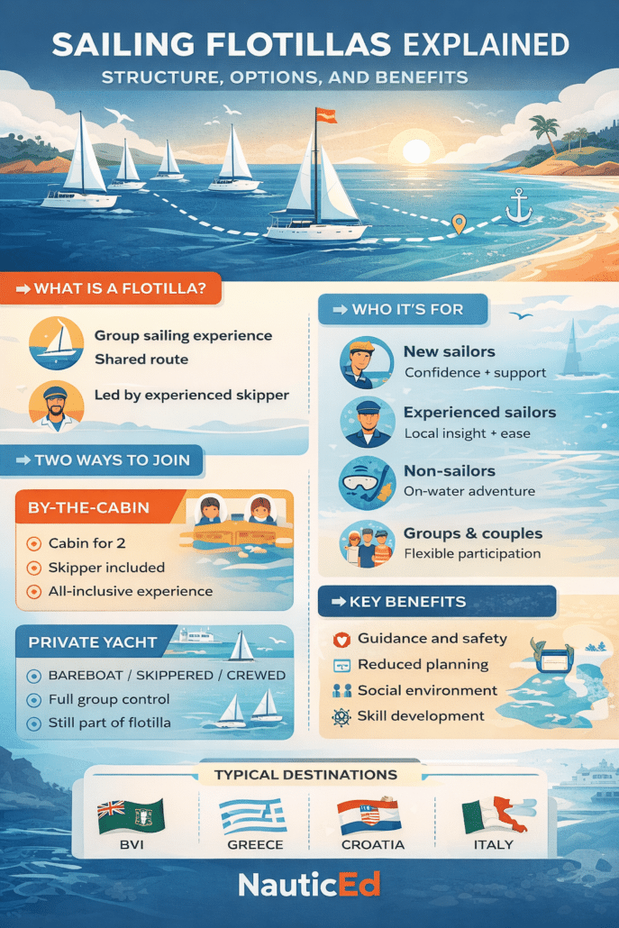 sailing-flotillas-explained-inforgraphic-nauticed Sailing flotilla infographic: explains structure, benefits, and destinations for new and experienced sailors.