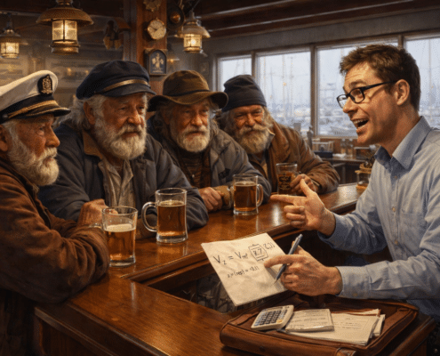 windgradient-talk Young man enthusiastically explaining navigation to seasoned sailors in a cozy tavern with a nautical theme.