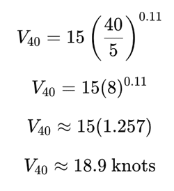 Calculation of sailing speed: ( V_{40} approx 18.9 ) knots, using a mathematical formula for velocity prediction.