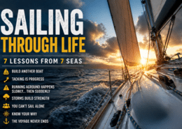 Sailing through life with 7 lessons from the seas. Sunset over sailboat, ocean wisdom, and adventure insight.