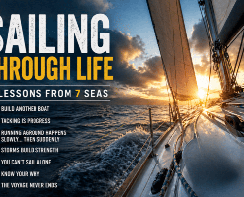 Sailing through life with 7 lessons from the seas. Sunset over sailboat, ocean wisdom, and adventure insight.