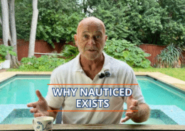 Man explaining Why NautiCED Exists by a pool, holding a coffee cup, with greenery in the background.