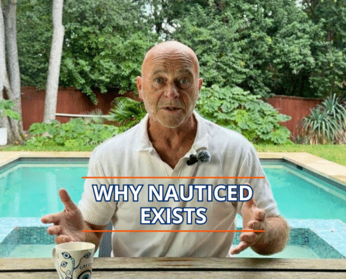 Man explaining Why NautiCED Exists by a pool, holding a coffee cup, with greenery in the background.