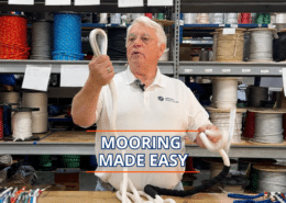 Expert sailor demonstrates mooring techniques with ropes in a nautical supply store, caption reads Mooring Made Easy.