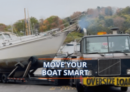 Truck transporting sailboat on road, sign reads Oversize Load, with Move Your Boat Smart text overlay.