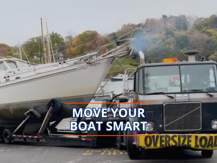 How to Transport a Boat After You Buy It Truck transporting sailboat on road, sign reads Oversize Load, with Move Your Boat Smart text overlay.