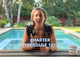 Woman discussing yacht charter schedules by a pool, text overlay Charter Schedule 101, coffee mug on table.