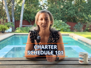 Woman discussing yacht charter schedules by a pool, text overlay Charter Schedule 101, coffee mug on table.