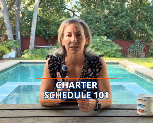 Woman discussing yacht charter schedules by a pool, text overlay Charter Schedule 101, coffee mug on table.