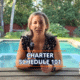 Woman discussing yacht charter schedules by a pool, text overlay Charter Schedule 101, coffee mug on table.