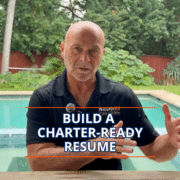 How to Build a Sailing Resume for Bareboat Charters Man by a pool with text: Build a charter-ready resume. Forest backdrop highlights sailing career advice.