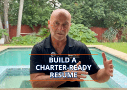 Man by a pool with text: Build a charter-ready resume. Forest backdrop highlights sailing career advice.