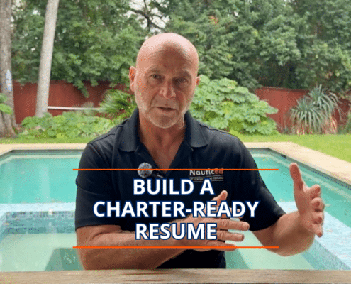 Man by a pool with text: Build a charter-ready resume. Forest backdrop highlights sailing career advice.