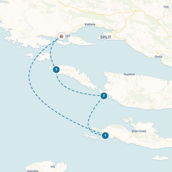 bd01-sailing-route-900x600-dalmatias Sailing route map around Croatian islands near Split, with waypoints marked in sequence for navigational guidance.