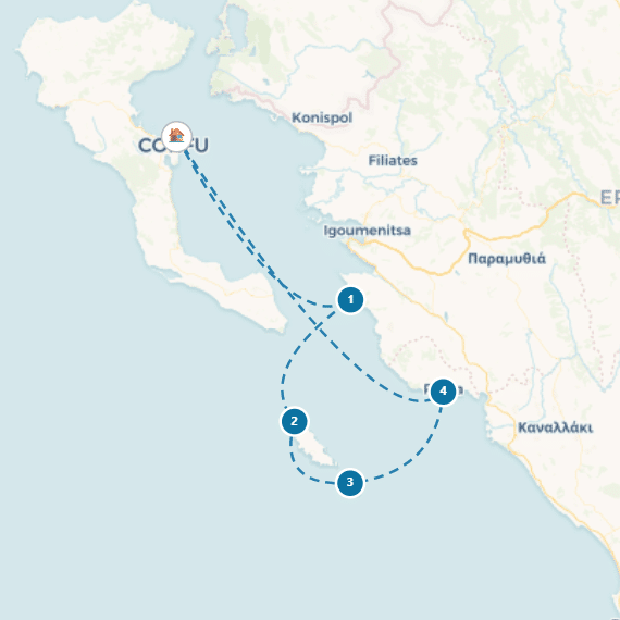 bd01-sailing-route-900x600-ionians Map of sailing route from Corfu with numbered stops along the Albanian coast, highlighting a circular voyage path.