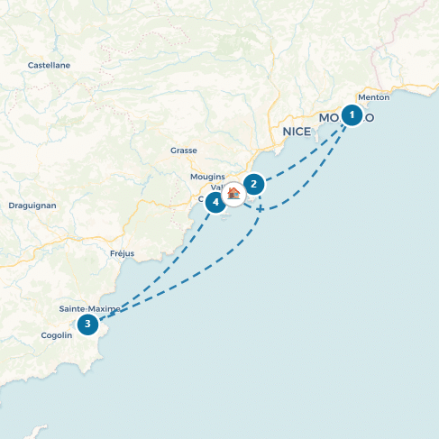 bd04-sailing-route-900x600-french-riveria Sailing route map from Monaco to Sainte-Maxime with waypoints along the Côte d'Azur, ideal for yacht adventures.