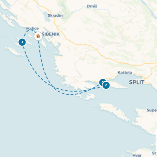 bd06-sailing-route-900x600-sibenik Sailing route map from Split to Šibenik, highlighting two stops along the Croatian coast.