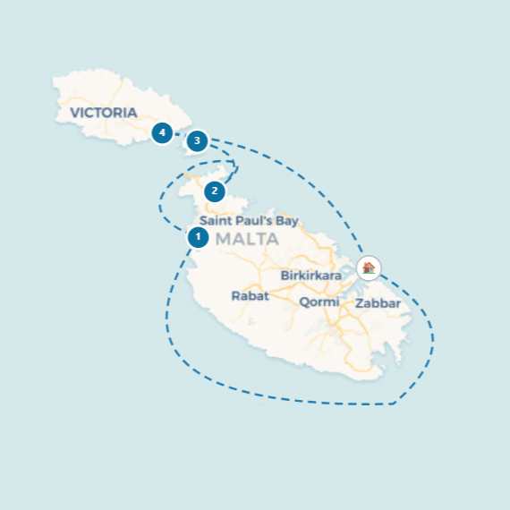 bd07-sailing-route-900x600-malta Sailing route map around Malta, highlighting stops including Saint Paul’s Bay and Victoria on Gozo.