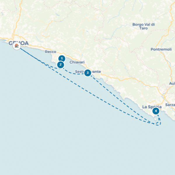 bd08-sailing-route-900x600-italian-riveria Sailing route map from Genoa to La Spezia, highlighting coastal stopovers for a scenic Ligurian journey.