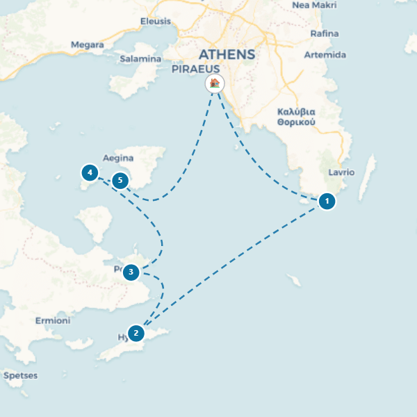 bd09-sailing-route-900x600-saronics Map of a sailing route from Athens to Hydra, Poros, and Aegina with key locations marked.