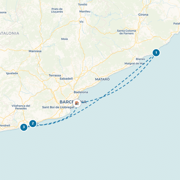 bd10-sailing-route-900x600-barcelona Map of coastal sailing route from Blanes to Barcelona, showing waypoints along the Mediterranean Sea coast.