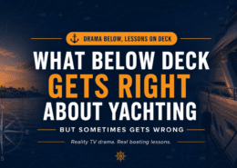 Insights into reality TV yachting based on Bravo's Below Deck: accuracy and errors, featuring dramatic ocean sunsets and luxury yacht scenes.