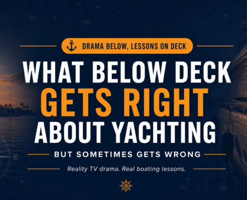 Insights into reality TV yachting based on Bravo's Below Deck: accuracy and errors, featuring dramatic ocean sunsets and luxury yacht scenes.